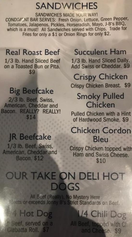 Page 2 of menu, Jonny B's Mankato, MN